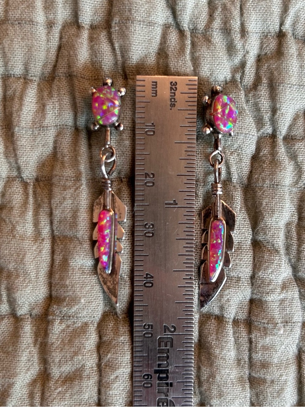 Sterling silver opal inlay turtle feather drop dangle earrings - Picture 7 of 7